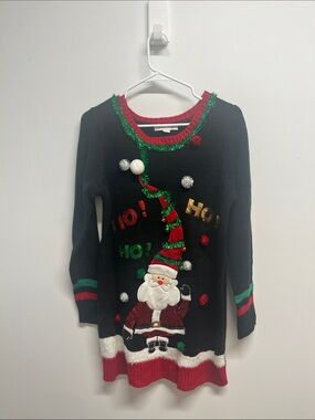Festive Black Santa Knit Sweater Dress with Red & Green Trim